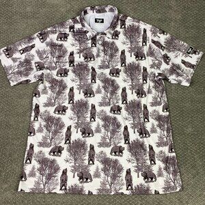 Waggle Golf Polo Shirt Men's 2XL Brown Grizzly Bear All Over Print Performance